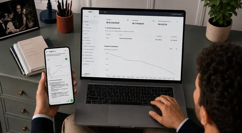 Cliente acompanhando a carteira na plataforma mgmt. pelo notebook e celular